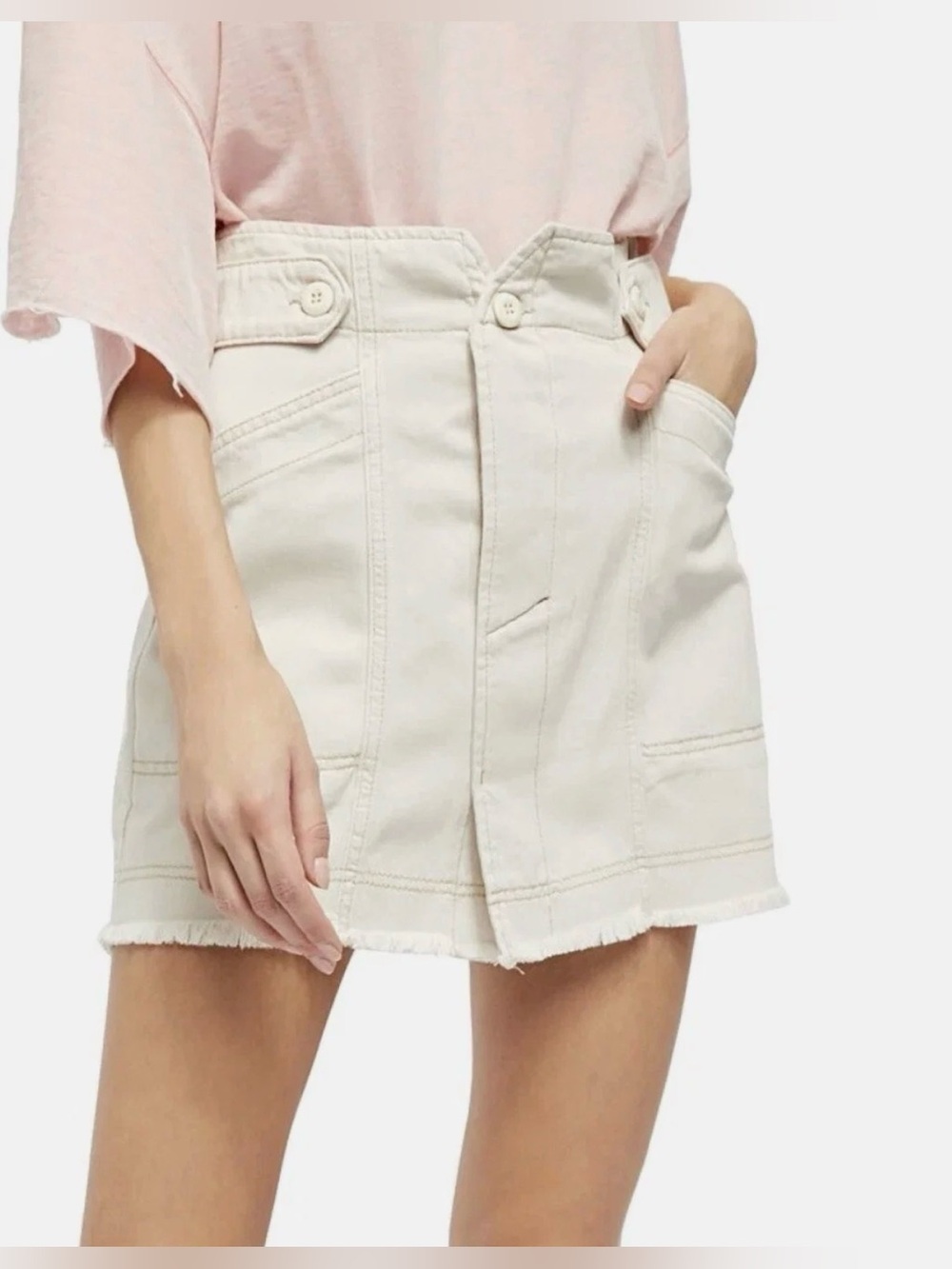 Free People Tan Alpha Utility Mini Skirt Button closure Raw Hem Sz 4